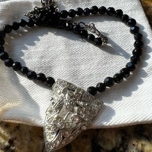 Silver Pendant Black Bead Costume Necklace